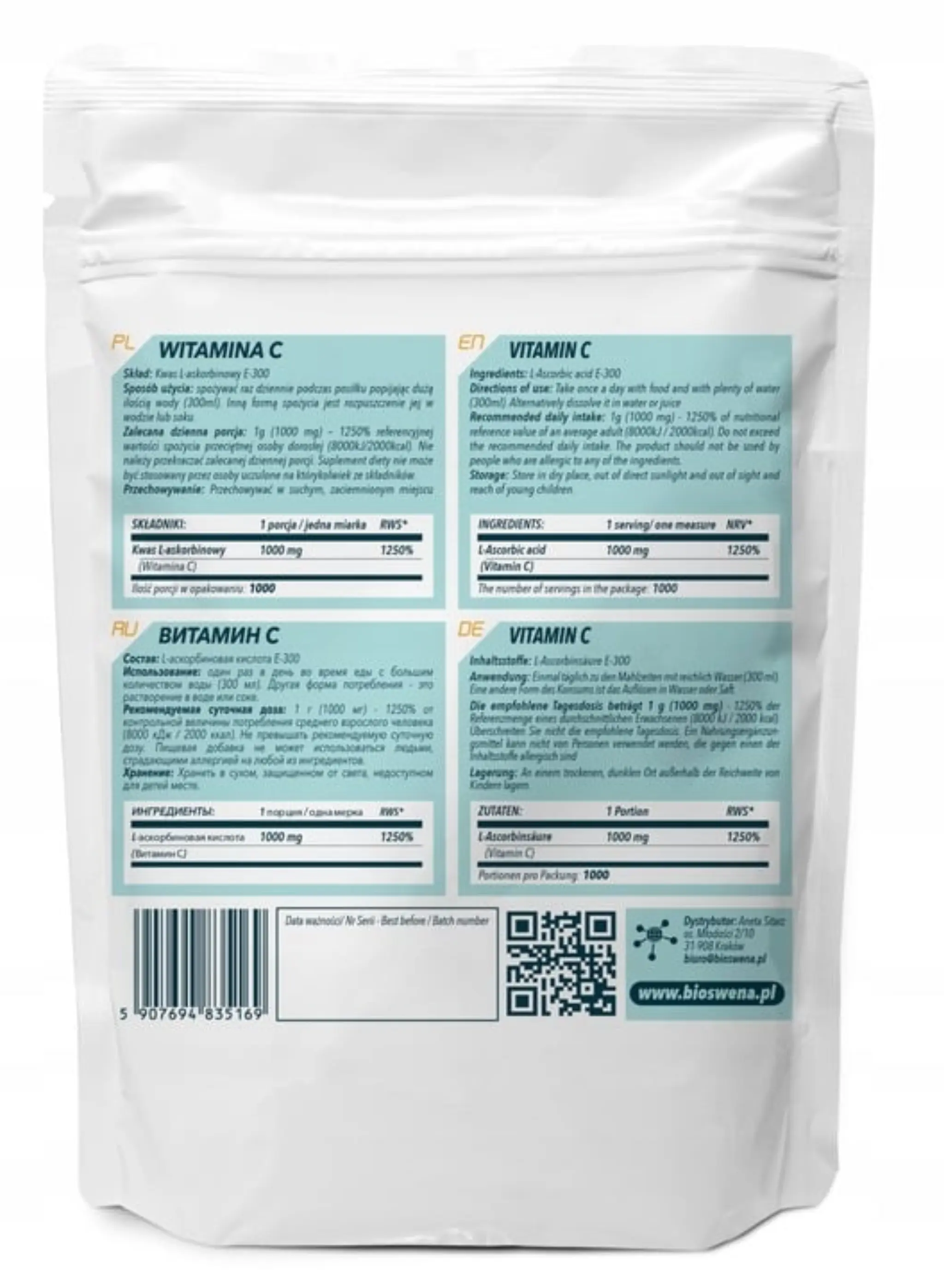 WITAMINA C KWAS L ASKORBINOWY 1kg -1000g / BIOSWENA jakość PREMIUM